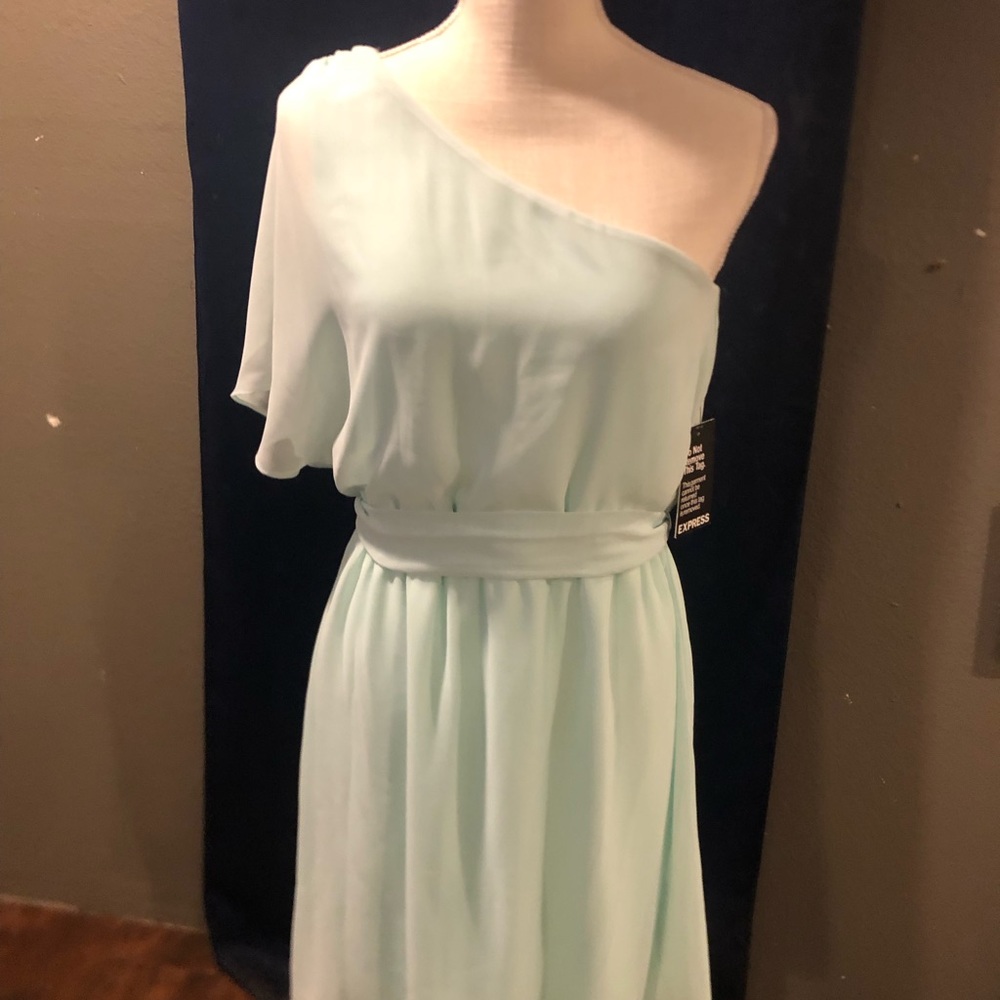 Off Shoulder Mint Green Dress. Belt can be adjusted and tied as desired.